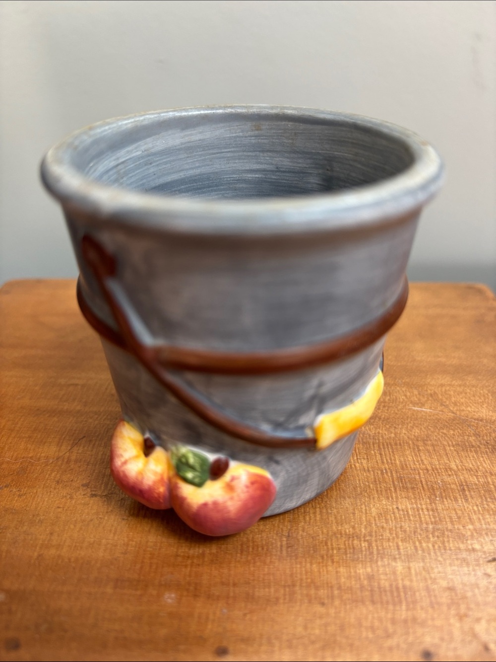Bluish Gray Autumn Ceramic Pail w/ Apple Accents Tea Light Candle Holder